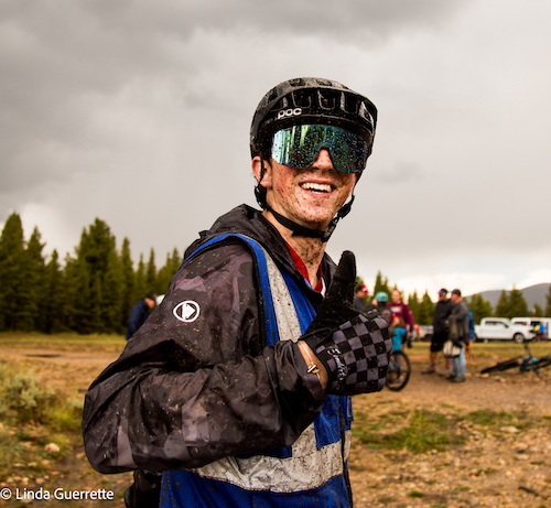 Rider covered in mud post race in Leadville, Colorado